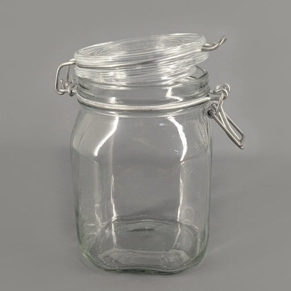 Fidenza Vetraria Italy Clear Glass Hermetic Jar Wire Bail Swing Top 6.5in